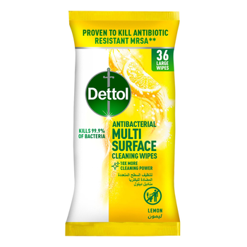 مناديل ديتول المبللة بعطر الليمون المضادة للبكتريا  لتنظيف الأسطح المتعددة بغطاء قابل لإعادة الإغلاق ، عبوة تحتوي على 36 منديل كبير