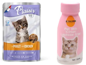 Plaisir Les Repas Kitten Chicken Wet Pouch 100g + Royal Zoo Nature Lactose-Free Kitten Milk 220Ml