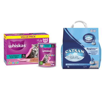 Whiskas Junior Tuna in Jelly Wet Kitten Food 12×80g + Catsan Cat Litter Hygiene Plus 5L