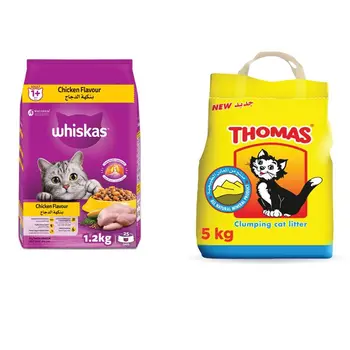 Whiskas Chicken Dry Cat Food 1.2Kg + Thomas Cat Litter Natural Minerals Litter Sand 5kg Bag
