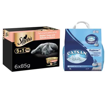 Sheba Cat Food Tuna & Salmon 6×85g + Catsan Cat Litter Hygiene Plus 5L