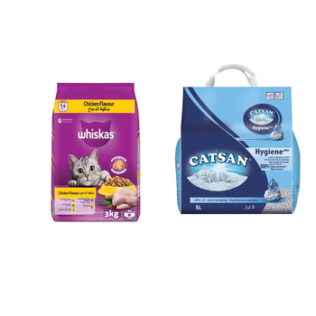 Whiskas Chicken Dry Cat Food 3Kg + Catsan Cat Litter Hygiene Plus 5L