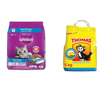 Whiskas Ocean Fish Dry Cat Food 480g + Thomas Cat Litter Natural Minerals Litter Sand 5kg Bag