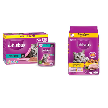 Whiskas Junior Tuna in Jelly Wet Kitten Food 12×80g + Whiskas Chicken Dry Cat Food 1.2Kg
