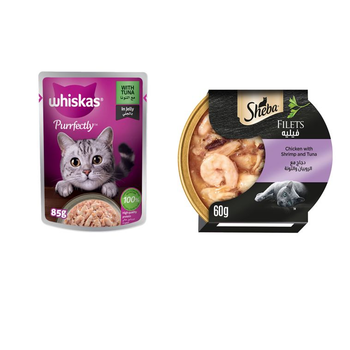 Whiskas Purrfectly Cat Food Tuna and Salmon in Jelly 24×85g + Sheba Cat Food Chicken with Shrimp & Tuna Filets 60g
