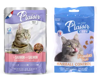 Plaisir Les Repas Salmon & Cod Cat Food 100g + Plaisir Les Repas Cat Snacks Hairball Control 80g