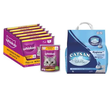 Whiskas Chicken in Gravy Wet Cat Food 12×80g + Catsan Cat Litter Hygiene Plus 5L