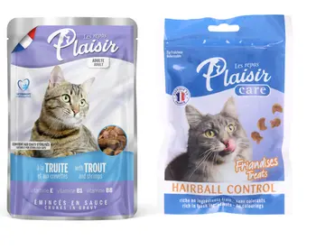 Plaisir Les Repas Trout & Shrimps Cat Food 100g + Plaisir Les Repas Cat Snacks Hairball Control 80g