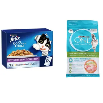 Purina Felix Chicken Beef Salmon Cat Food 12x85g + Purina One Indoor Advantage Chicken Cat Food 1.2kg