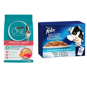 Purina ONE Tuna Cat Food with Salmon 1.2kg + Purina Felix Doubly Delicious Fish Selection 12x85g