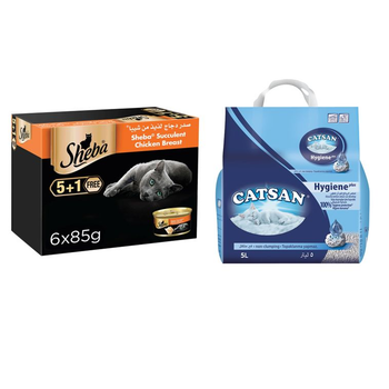 Sheba Cat Food Succulent Chicken Breast 6×85g + Catsan Cat Litter Hygiene Plus 5L