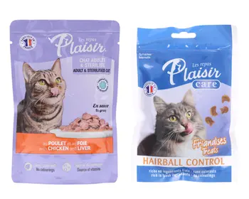 Plaisir Les Repas Chicken & Liver Cat Food 100g + Plaisir Les Repas Cat Snacks Hairball Control 80g