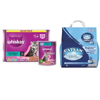 Whiskas Junior Tuna in Jelly Wet Kitten Food 4×80g + Catsan Cat Litter Hygiene Plus 5L