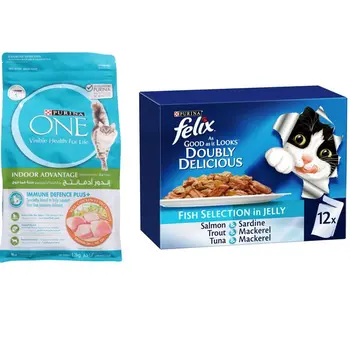 Purina Felix Doubly Delicious Fish Selection 12x85g + Purina One Indoor Advantage Chicken Cat Food 1.2kg