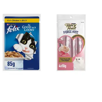 Felix Chicken in Jelly Cat Food 85g + Fancy Feast Tuna Puree Cat Treat 4x10g