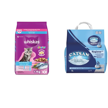 Whiskas Kitten Ocean Fish Flavor with Milk Dry Kitten Food 1.1Kg + Catsan Cat Litter Hygiene Plus 5L