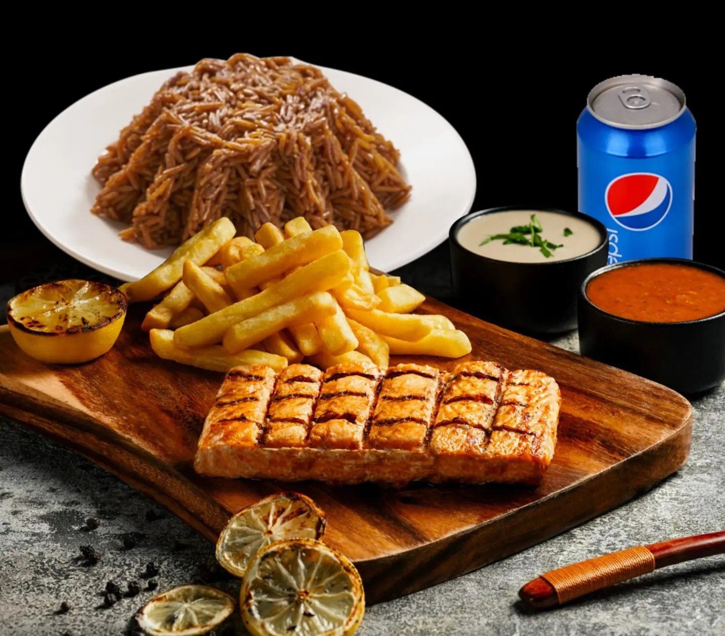 Grilled Fillet Salmon Meal With Rice And Pepsi