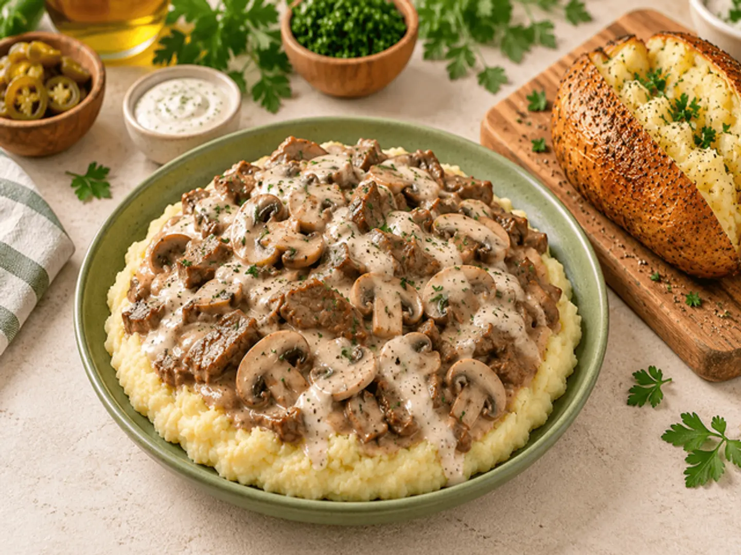 Baked Potato With Beef Stroganoff