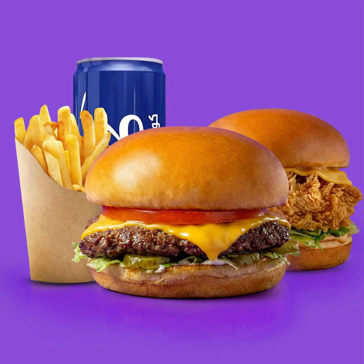 Crunchy Chicken & Classic Beef Burger Meal With Fries And Kinza
