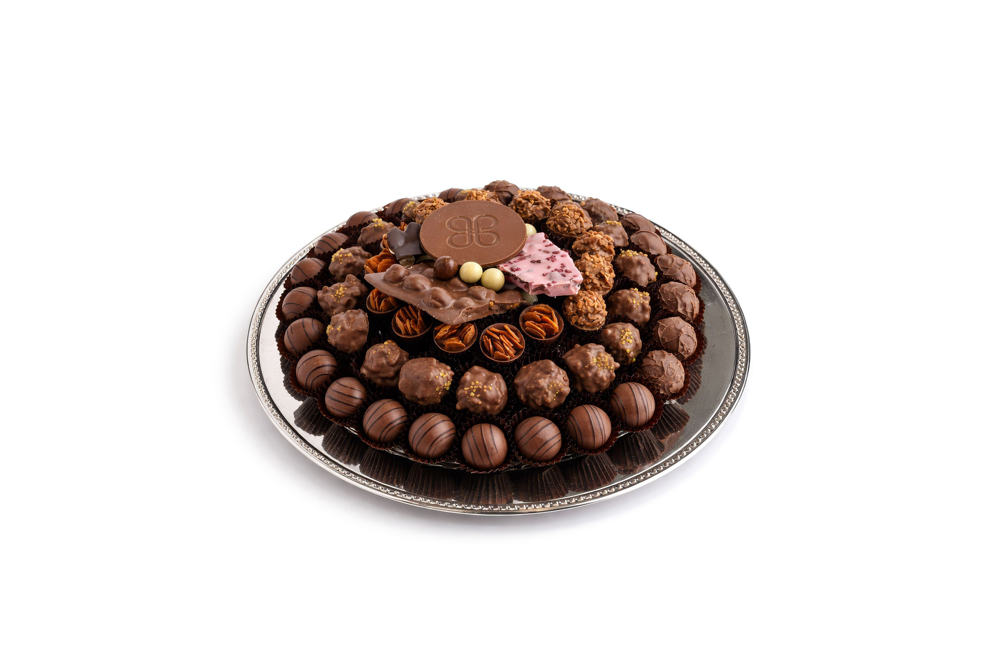 Round Silver Tray, Unwrapped Chocolate Arrangement 730g