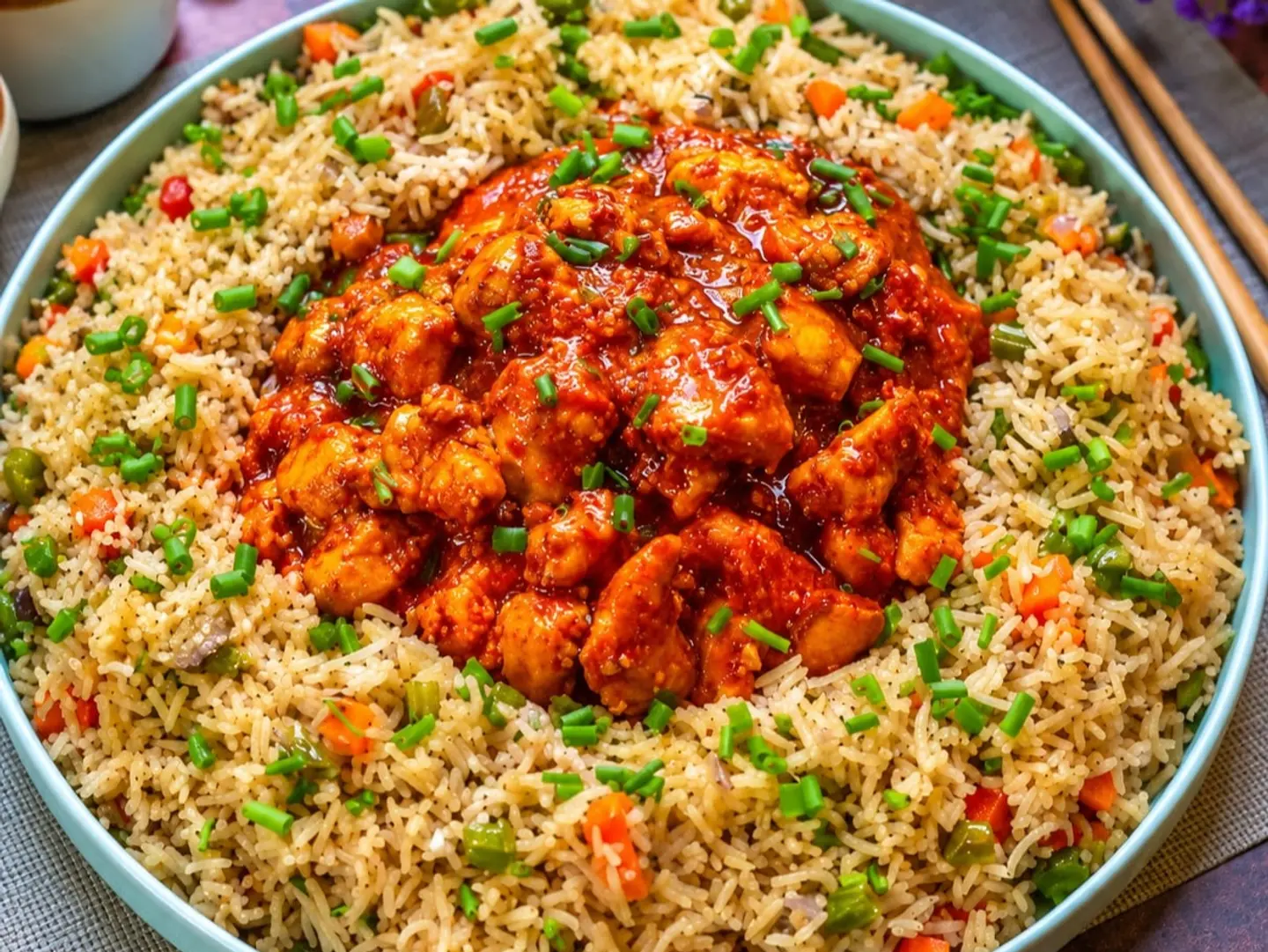 أرز مقلي مع دجاج تيكا