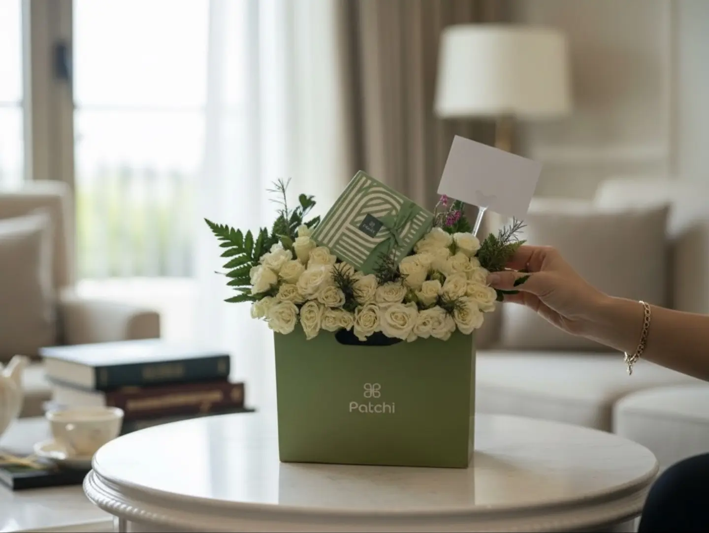 Patchi Chocolate With White Baby Roses