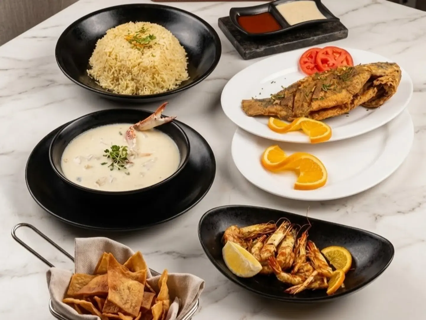 National Offer 2 Tilapia Meal With Grilled Shrimp And Seafood Soup.