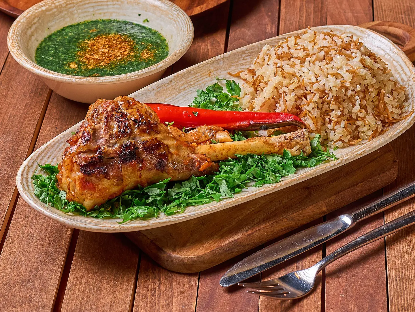 Grilled Lamb Shank And Mulukhiyah