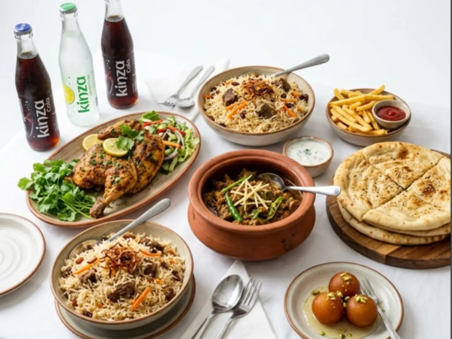 Combo 99 (Chicken Chargha Half, Chicken Achari Handi Half, Kabuli Pulao, Fries, Gulab Jamun, 3 Drinks, Rotian, Salad & Raita)