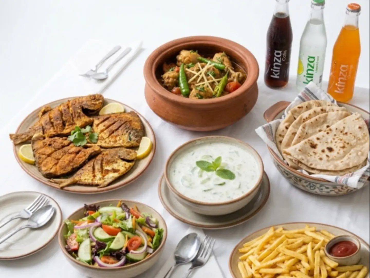 Combo 99 (Fish Fry Half, Chicken Butt Karahi Half, Drinks 3, Fries, Rotian, Salad & Raita