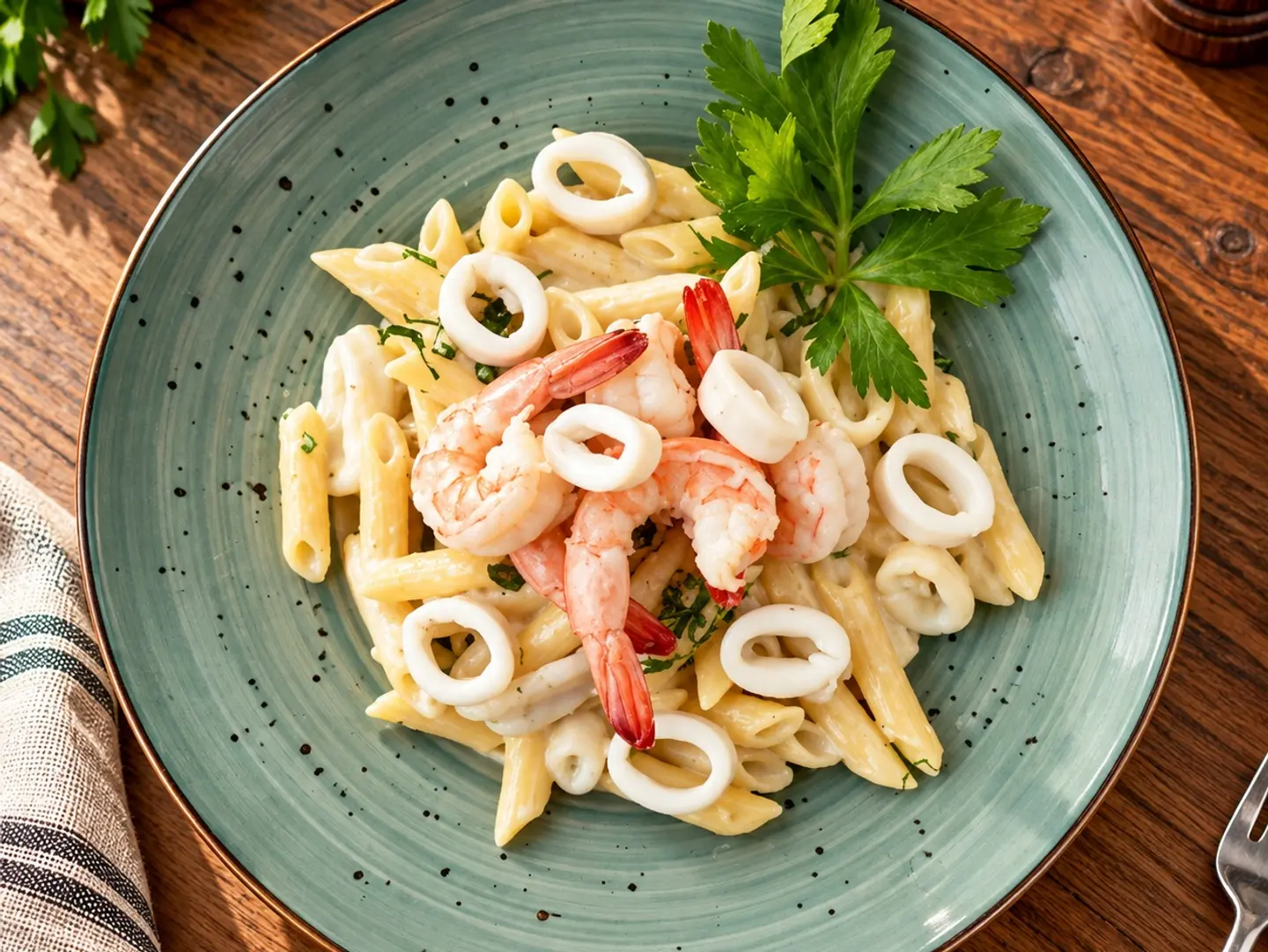 Seafood Penne Pasta With White Sauce