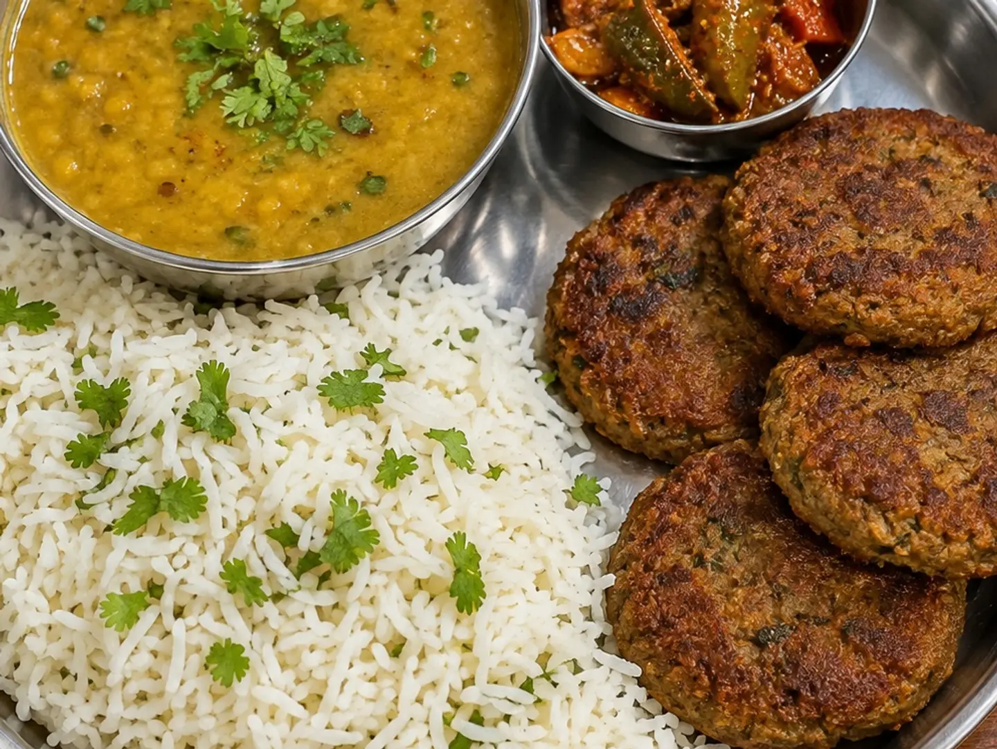 عدس مع أرز وكباب شامي