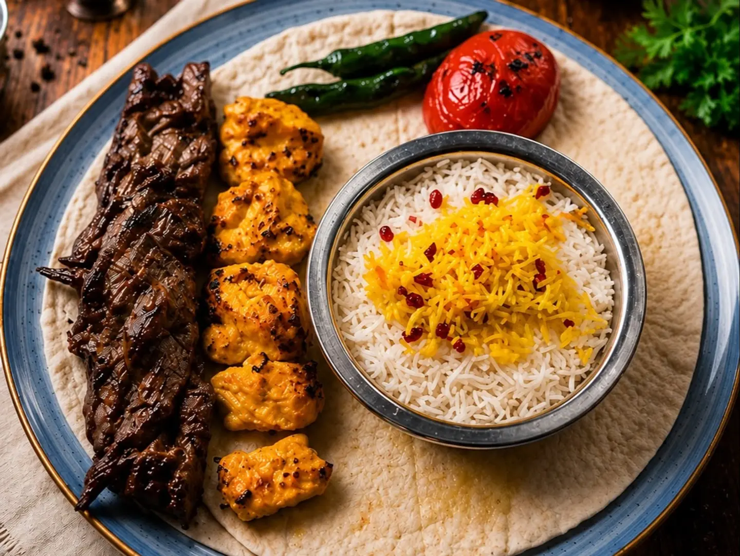 Chicken Kebab And Bargh Meal With Iranian Rice