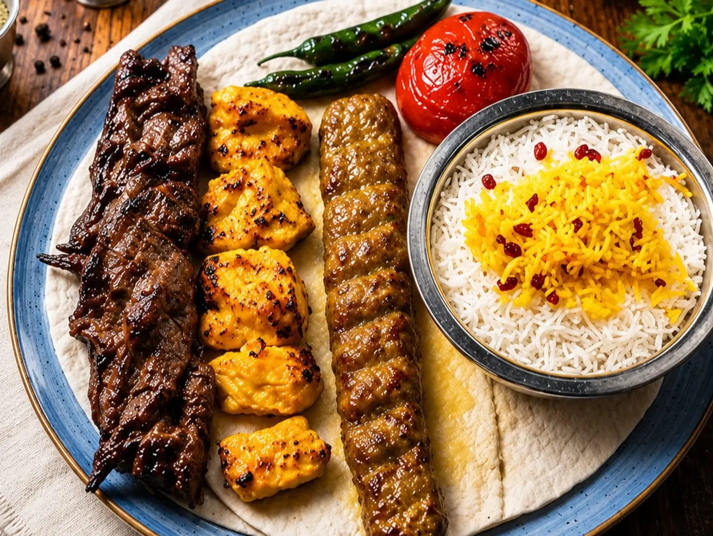 A Meal Of Lamb And Chicken Kebab With Barg And Iranian Rice For Two People