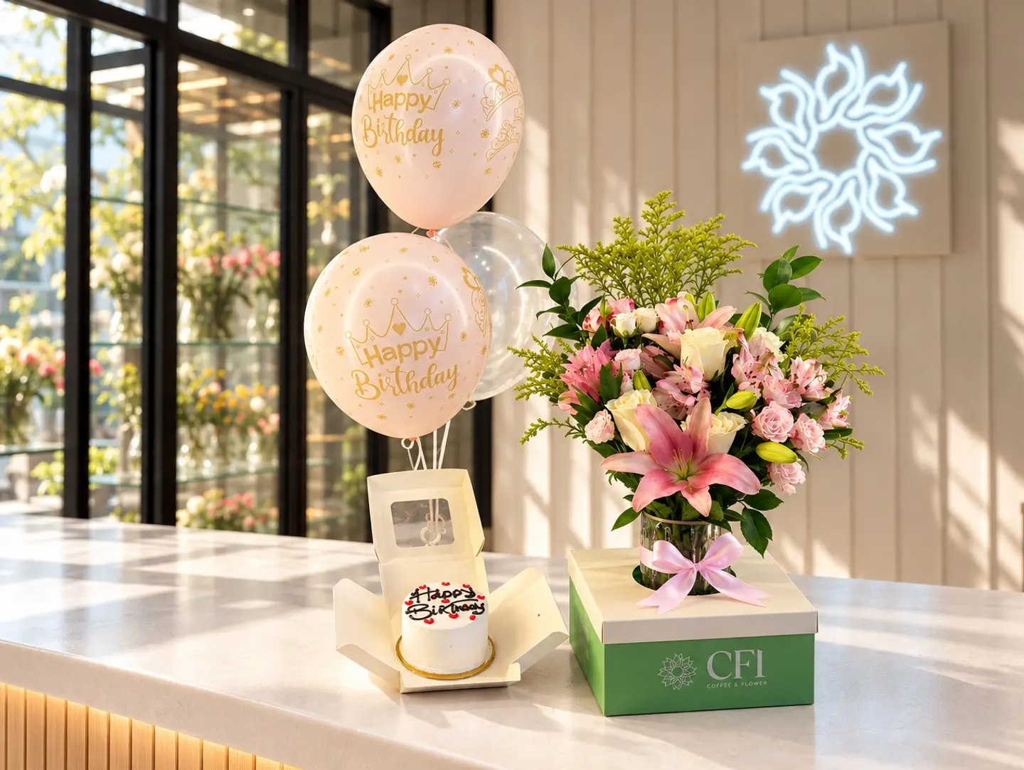 Occasion Gift Flowers Vase, Cake & Balloons