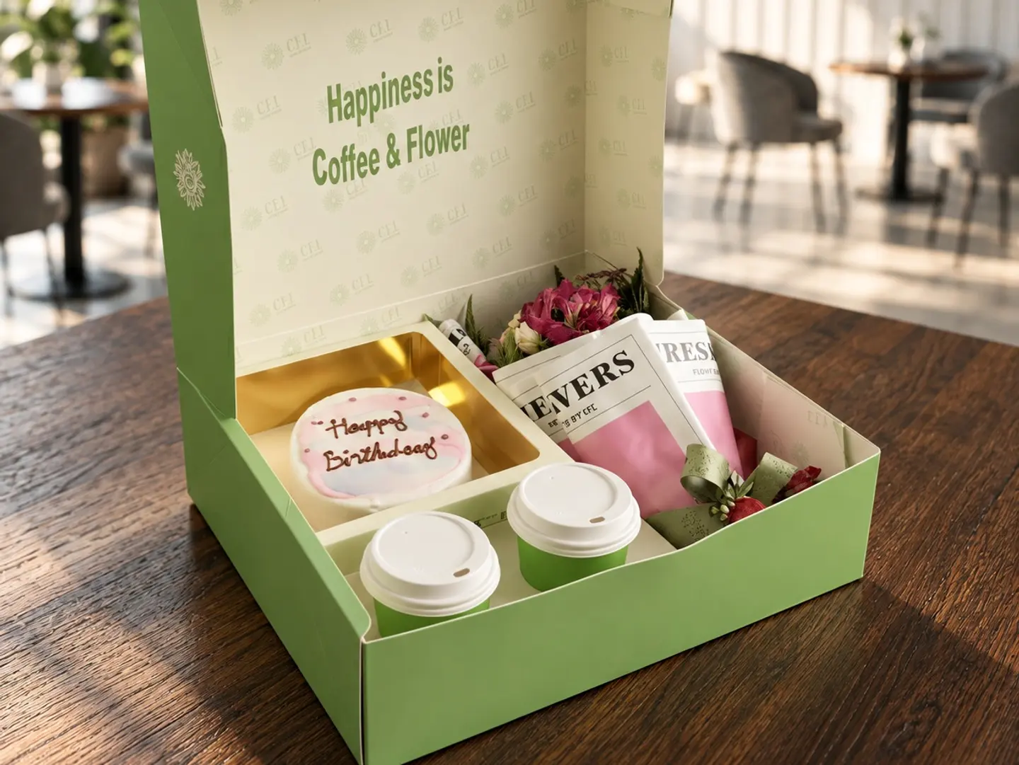 Big Box 5 Medium Cake, 2 Coffees, And Flowers