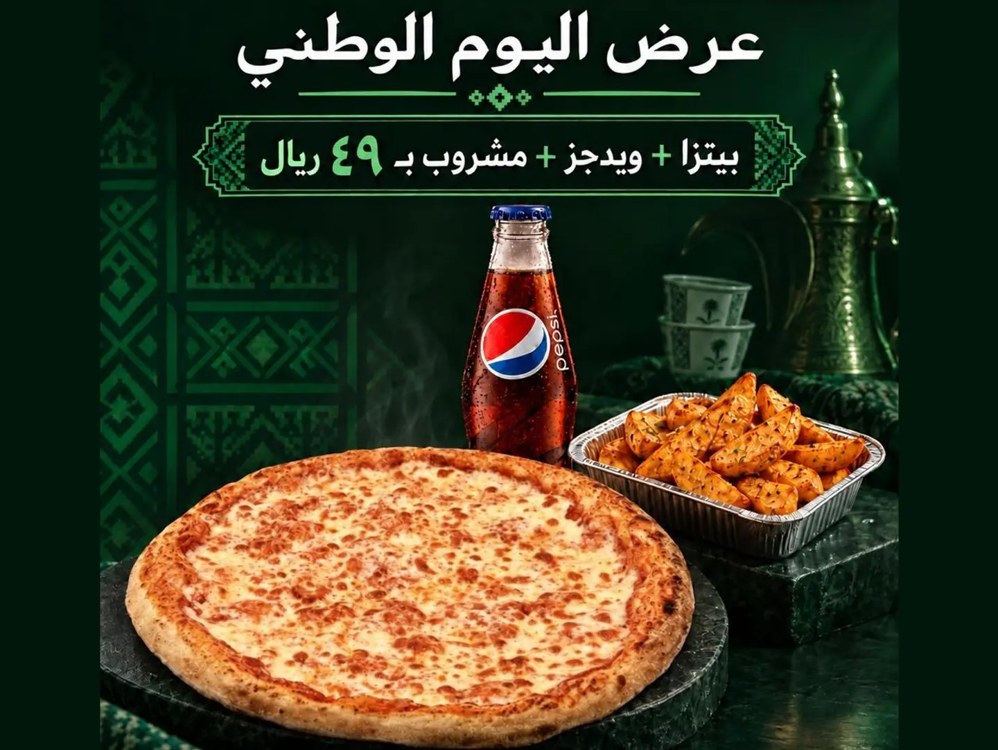 بيتزا وبطاطس ودجز ومشروب