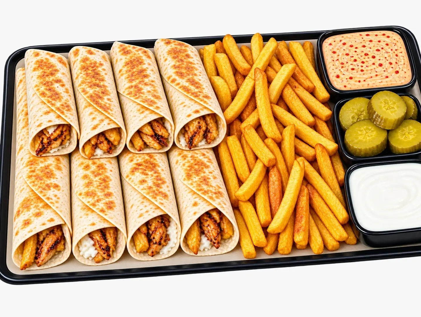 Box Of 8 Shawarma Fingers With Fries And Sauces.