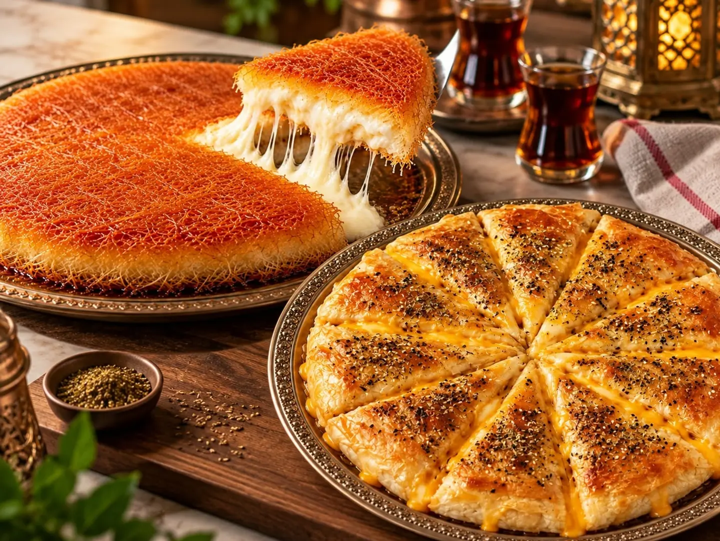 Small Sized Bint Al Sahn With Cheddar Cheese, And A Round Kunafa With Cream And Cheese.