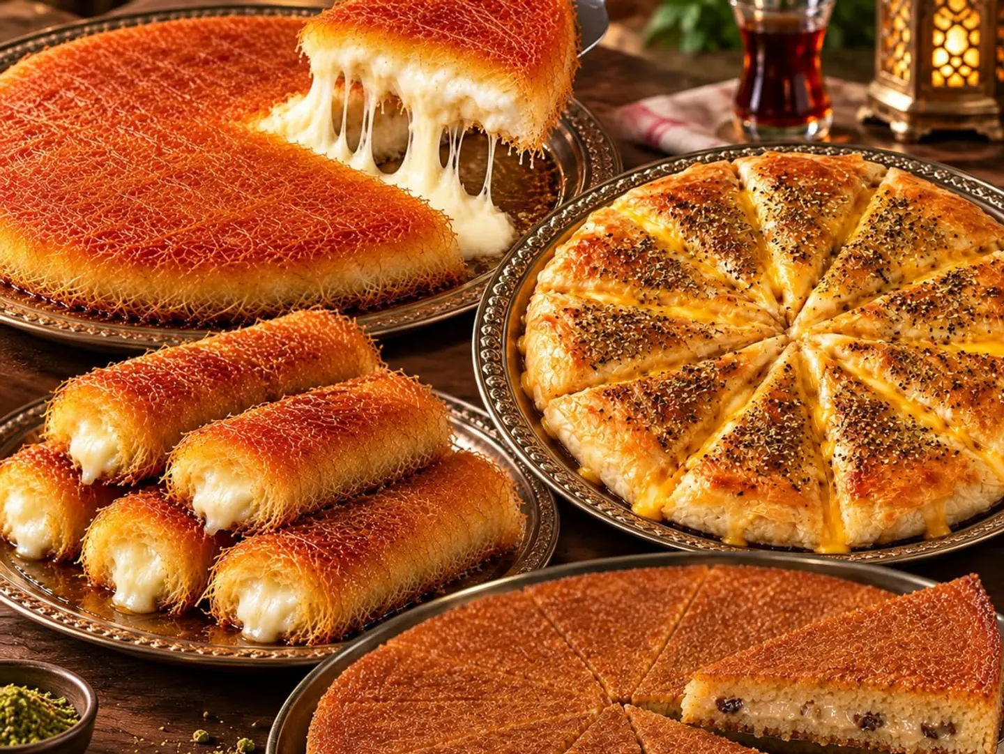 Qishta Kunafa (Medium Shaped), Cheese & Qishta Kunafa (Heart Shaped), Signature Basbousa, Kunafa Rolls (10 Pieces), And Small Cheddar Bint Al Sahn.