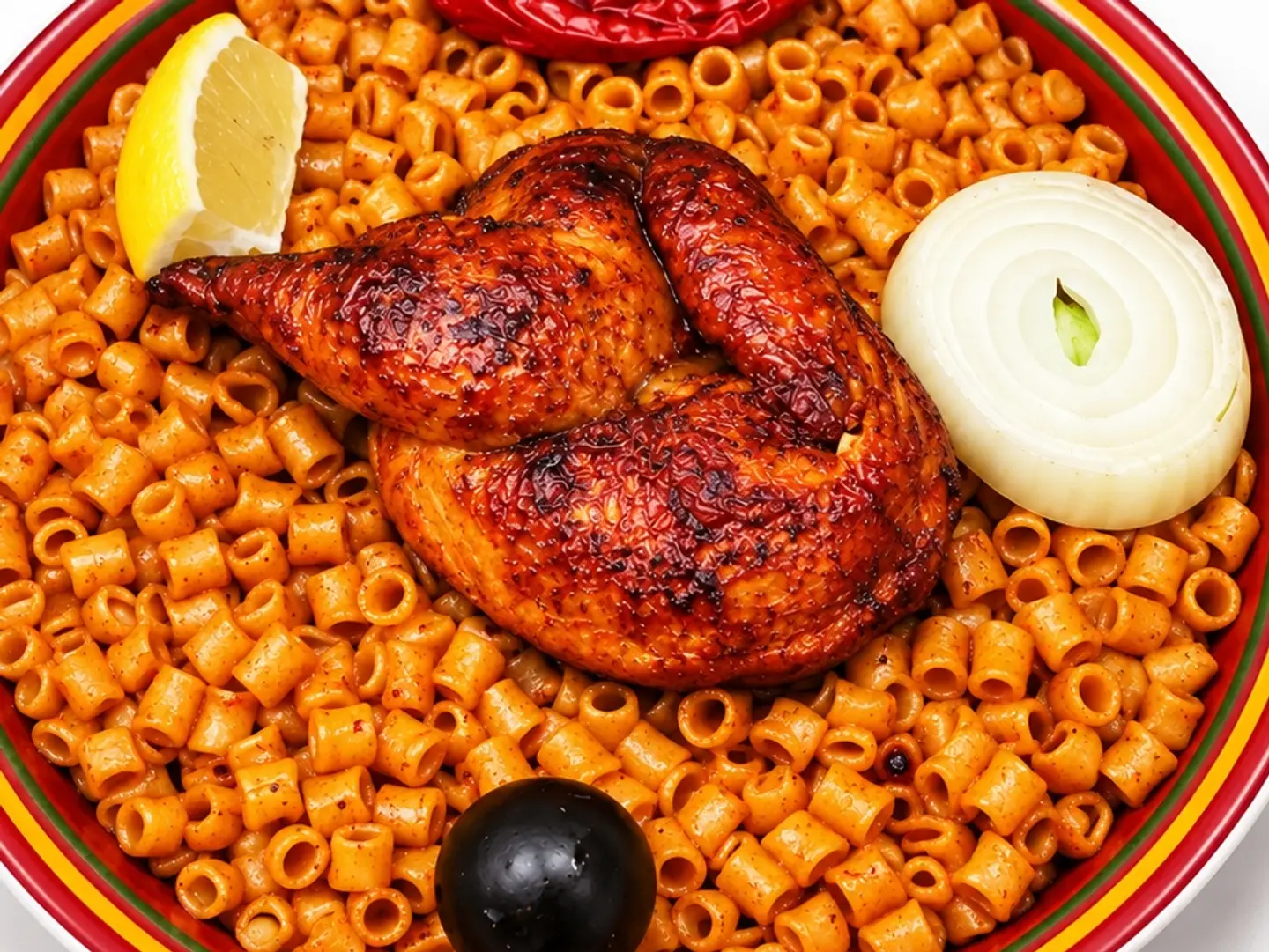 نصف حبة دجاج مضغوط مع مكرونة حمراء
