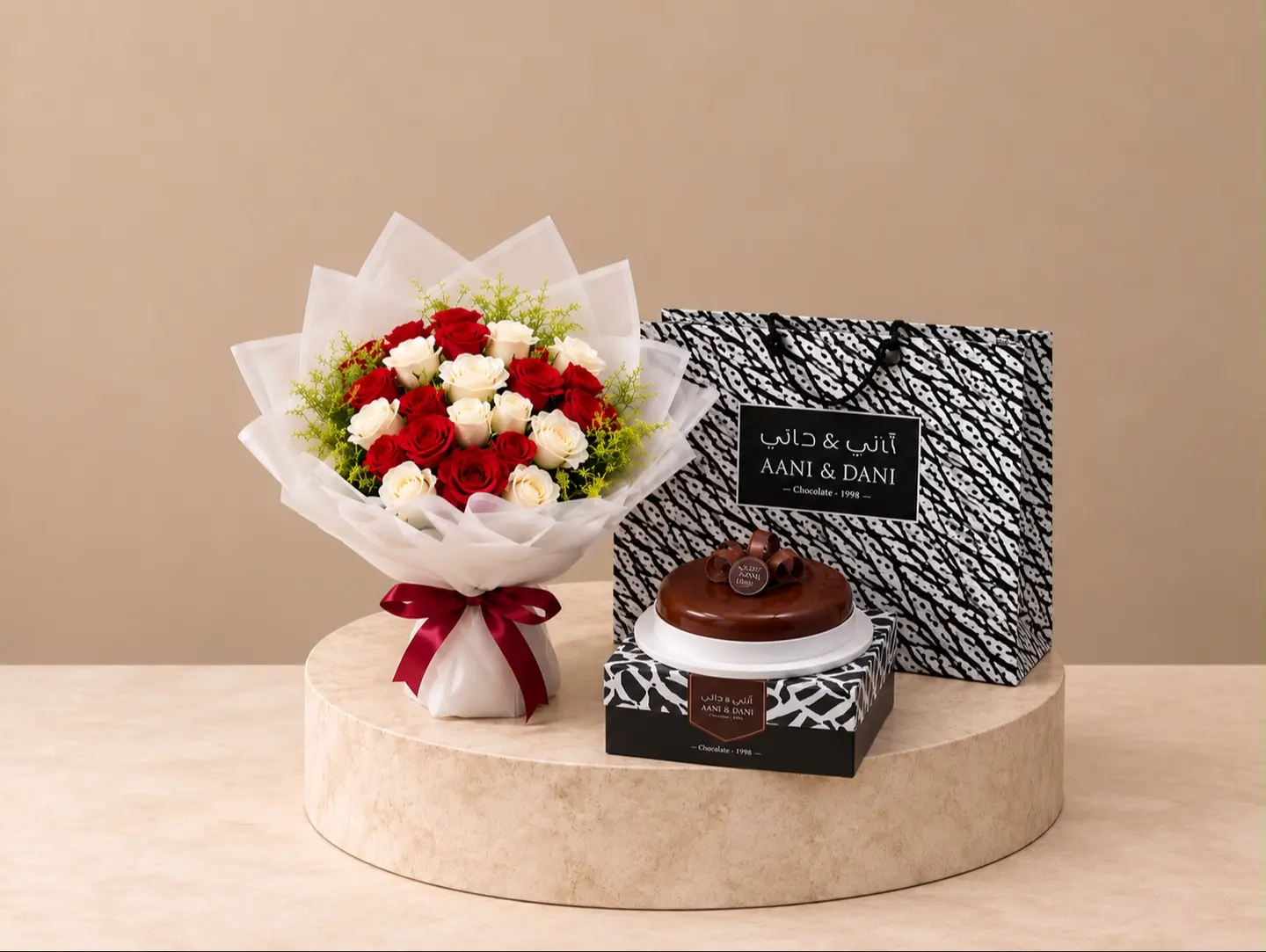 A Luxurious Bouquet Of Roses With Aani & Dani 'S Cake