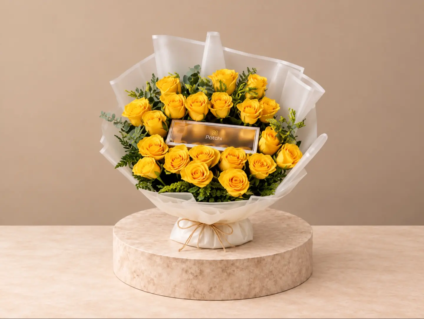 A Bouquet Of Yellow Roses With Garden Chocolates