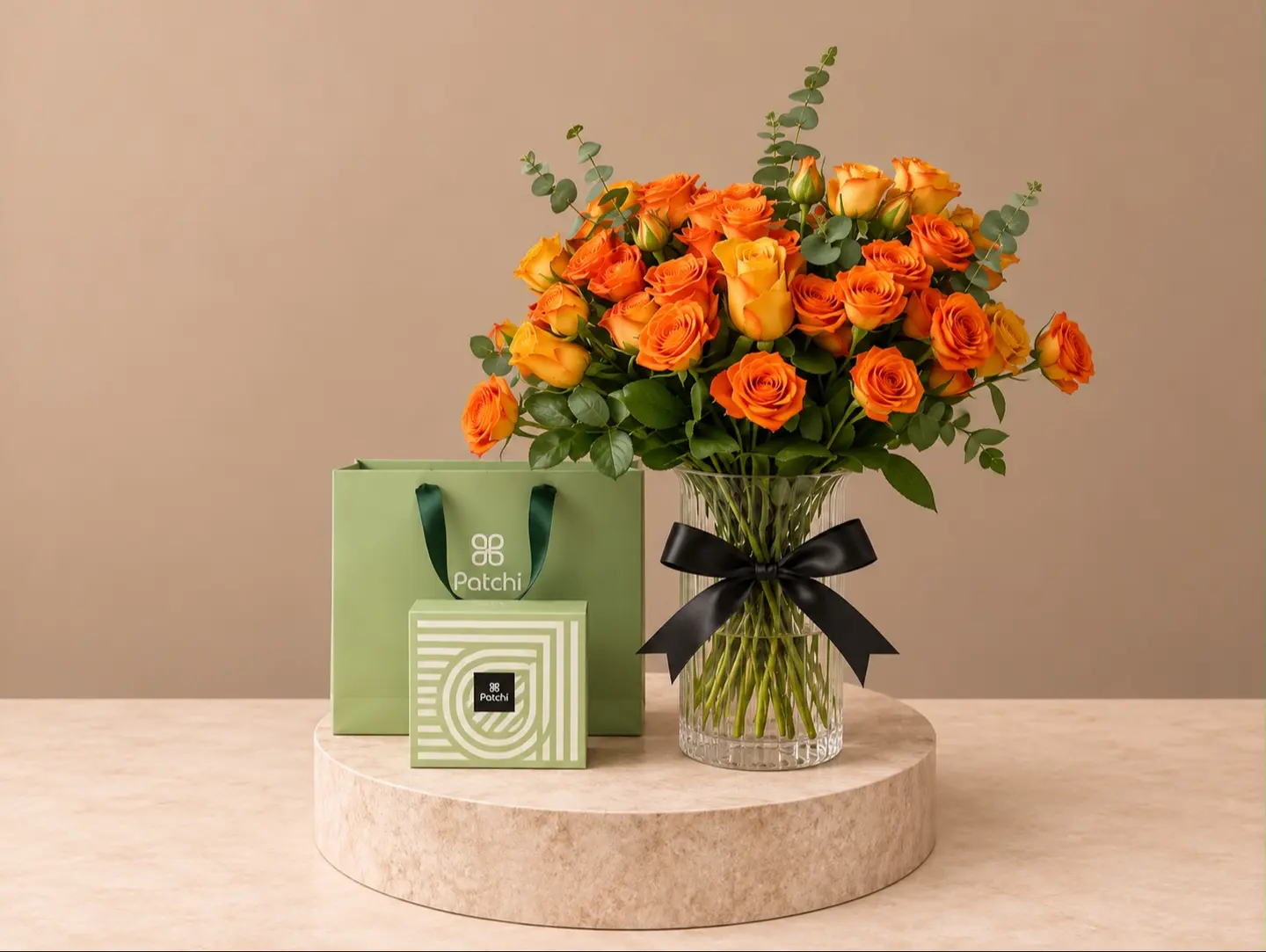 Baby Rose Orange Vase With Patchi Chocolate