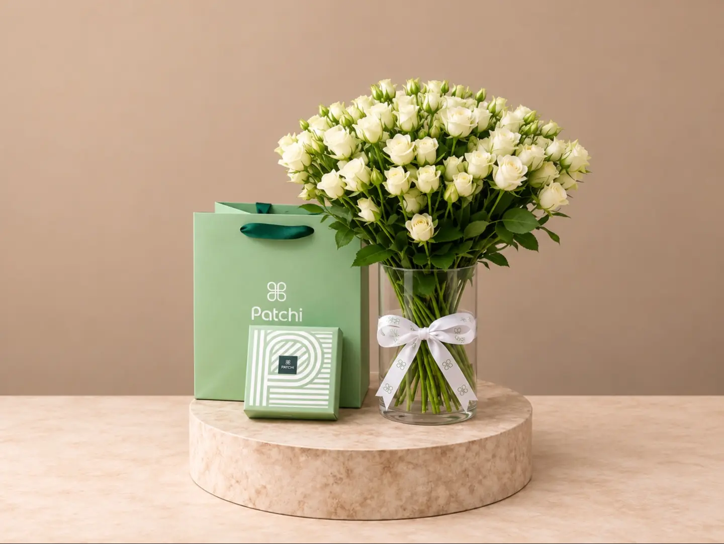 Baby Rose White Vase With Patchi Chocolates