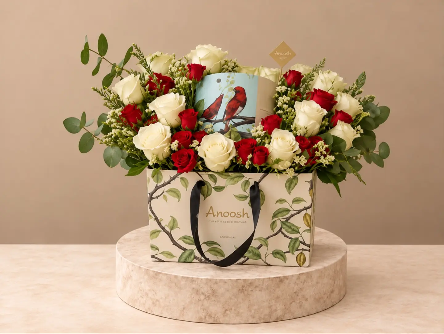 Red And White Rose Arrangement With Anoush Chocolates