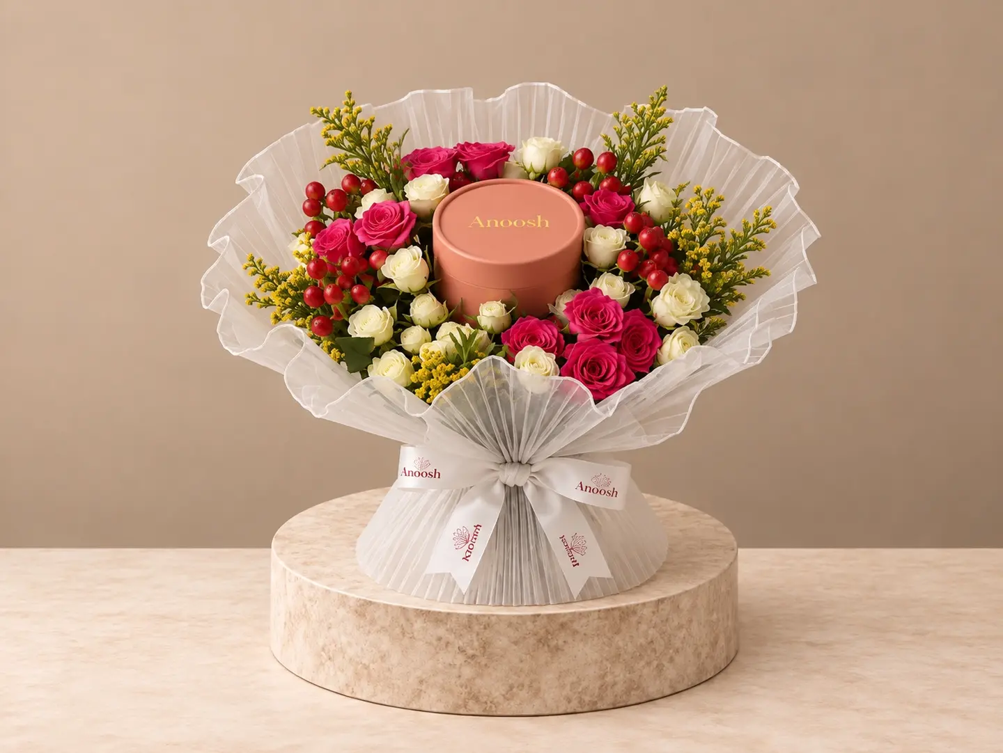 A Bouquet Of Flowers With Anoush Chocolates