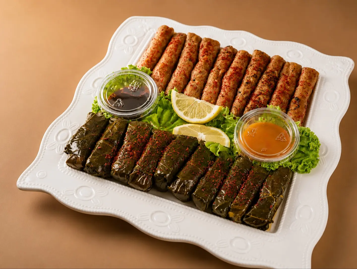 A Luxurious Mixed Dish Of Stuffed Grape Leaves And Musakhan