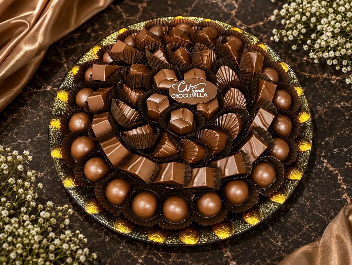 Luxurious Round Belgian Chocolate Tray With Italian Fillings