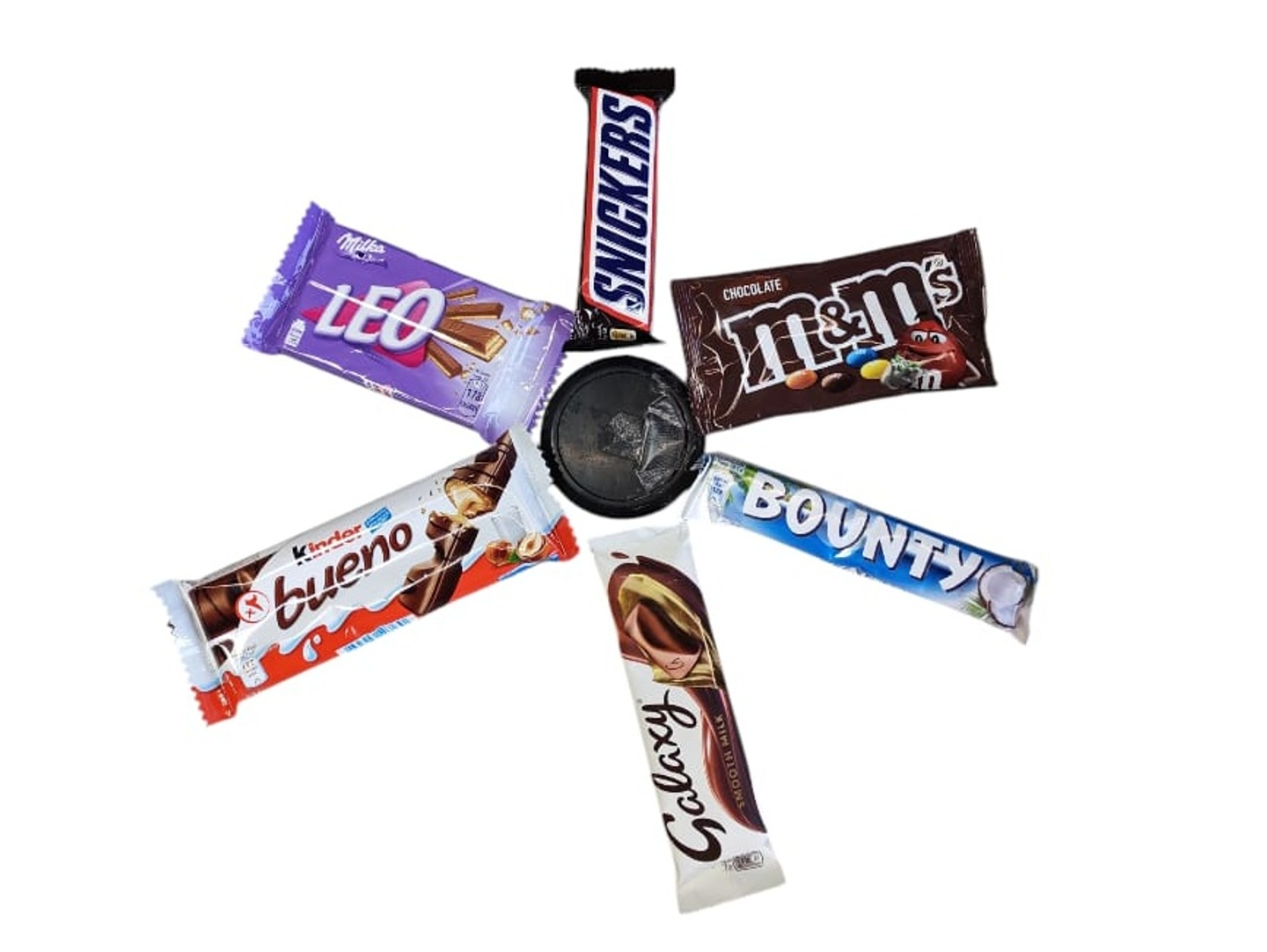 An Assortment Featuring One Piece Of Each Brown M&Ms, Plain Galaxy, Bounty, Snickers, Kinder Bueno, And Blue Lays.